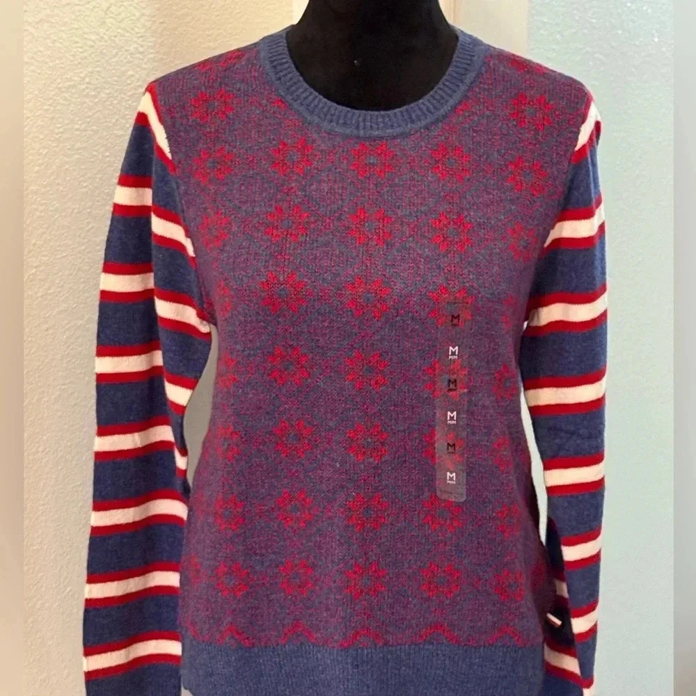 Tommy Hilfiger Blue w/Red Snowflakes and Red, White,Blue Striped Sleeves Sweater